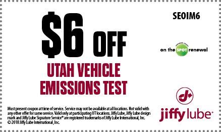Jiffy lube emissions coupons - Visit your nearest Utah Jiffy Lube for a quality oil change and other automotive services. HOME; Coupons; Services. Signature Service Oil Change; A/C Evacuation and Recharge Service; Alignment Service; Automatic Transmission Services; Battery Maintenance Service; Brake Replacement Service; Differential Service; Emissions Testing; Engine Air ...